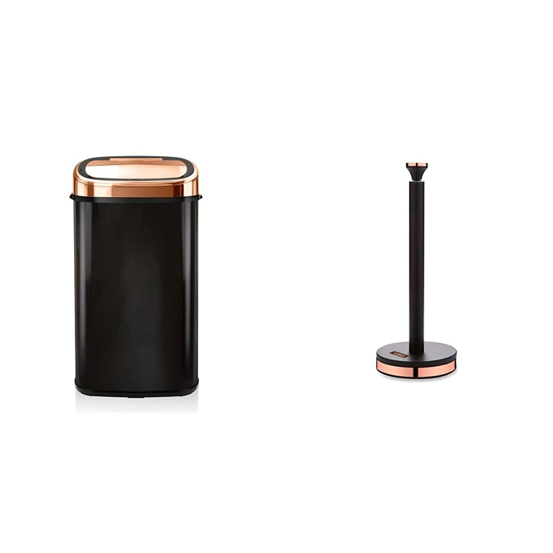 Tower T80904RB Kitchen Bin with Sensor Lid, Automatic Soft-Close, Manual Override, 58 Litre, Black & T826133BLK Cavaletto Towel Pole Kitchen Roll Holder with Soft Underliner, Black and Rose Gold
