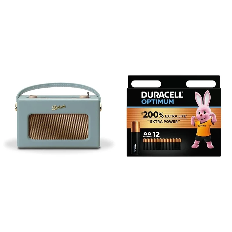Roberts Revival RD70DE FM/DAB/DAB+ Digital Radio with Bluetooth - Duck Egg & Duracell Optimum AA Batteries (12 Pack) - Alkaline Batteries 1.5V - Up To 200% Extra Life or Extra