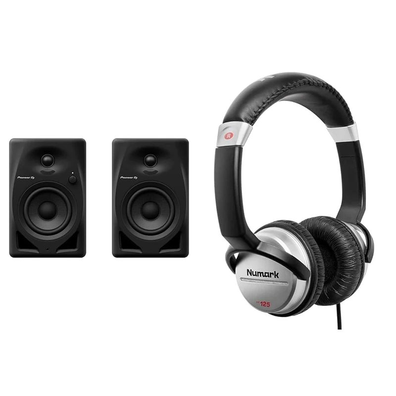 Pioneer DJ DM-40D 4” desktop monitor system (Black) & Numark HF125 - Ultra-Portable Professional DJ Headphones with 6 ft Cable, 40 mm Drivers