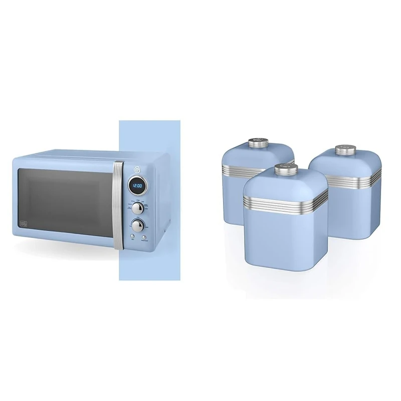 Swan SM22030LBLN Retro LED Digital Microwave with Glass Turntable, 5 Power levels & Defrost Setting, 20L, 800W, Blue & SWKA1020BLN Retro Kitchen Storage Canisters, Set of 3, Iron, 1 Litre, Blue