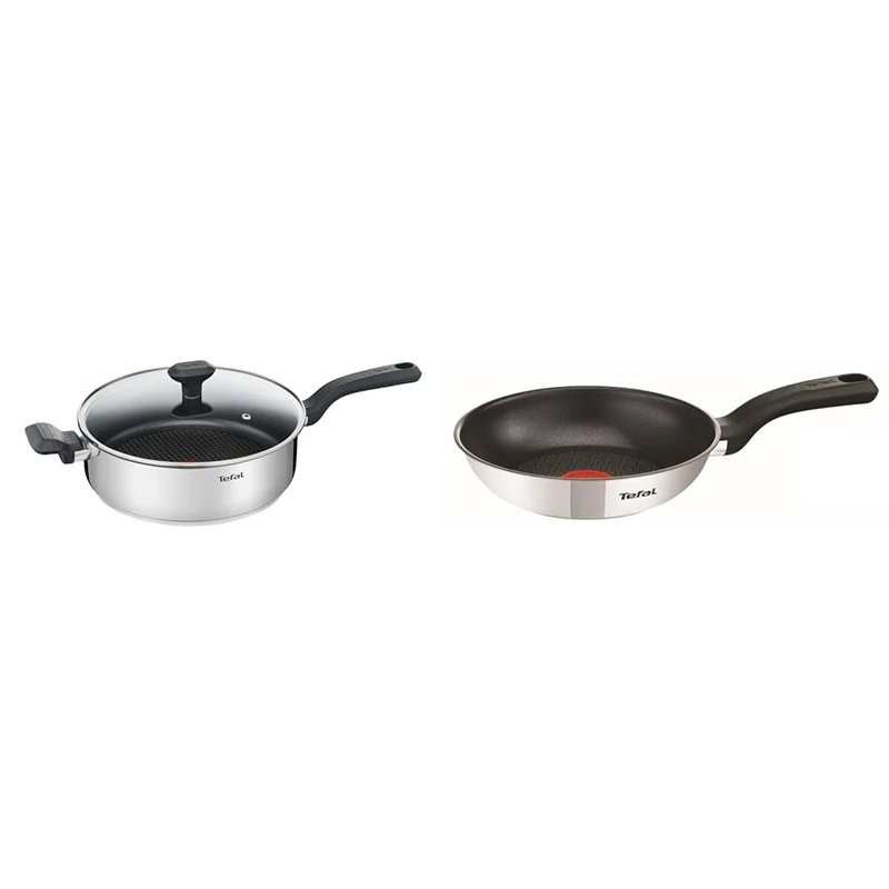 Tefal 26cm Comfort Max Stainless Steel Non-Stick Saute Pan and Lid, Silver & 20cm Comfort Max Stainless Steel Non-Stick Frying Pan, Silver