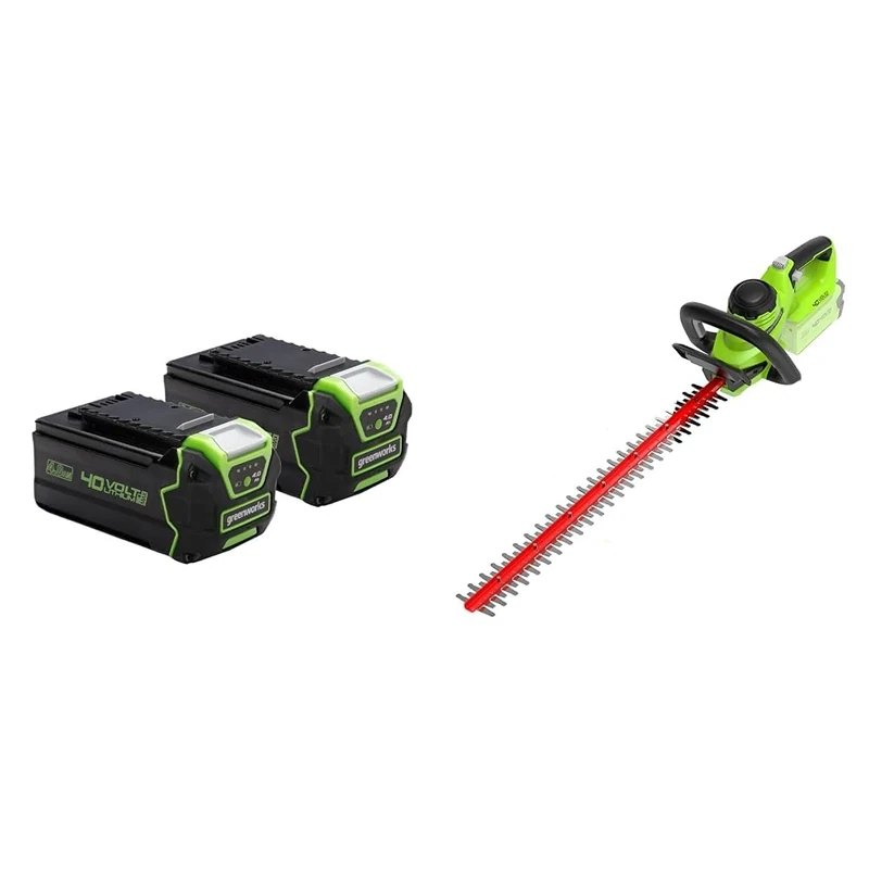 Greenworks 40V Battery Set of 2. Original Greenworks Batteries. Powerful 4Ah Lithium-Ion Batteries & G40HT61 Cordless Hedge Trimmer, 61cm Dual Action Blade, Cuts up to 27mm