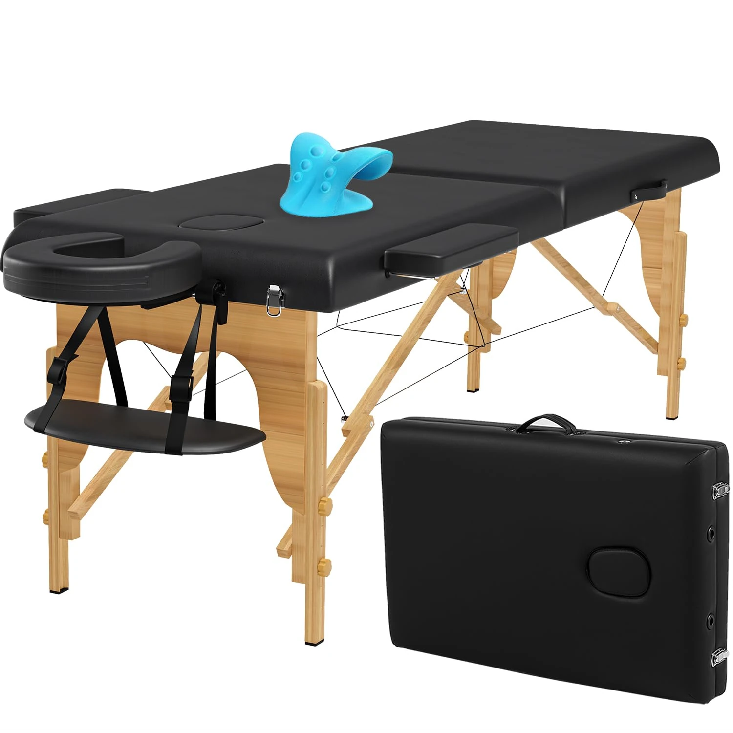 Portable Massage Table w/Neck Stretcher, 84 inch Sturdy Foldable Massage Bed Facial Bed Tattoo Table Adjustable Lash Bed Esthetician for Beauty Tattoo (Wood, Black)