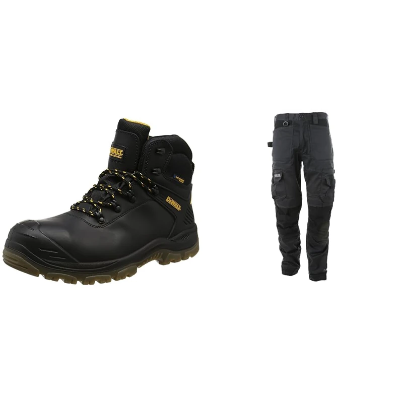 DEWALT Newark Waterproof Safety Boots, Black Size 9 & Apache Workwear Men's Site Trouser | ATS 3D Stretch Holster Trouser | Grey/Black 31L x 32W