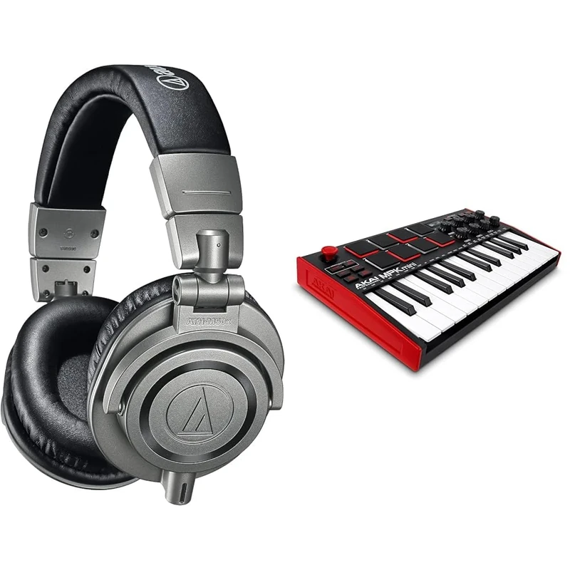 Audio-Technica M50xGM Professional Monitor Headphones Gunmetal (Amazon Exclusive) & AKAI Professional MPK Mini MK3 – 25 Key USB MIDI Keyboard Controller with 8 Backlit Drum Pads