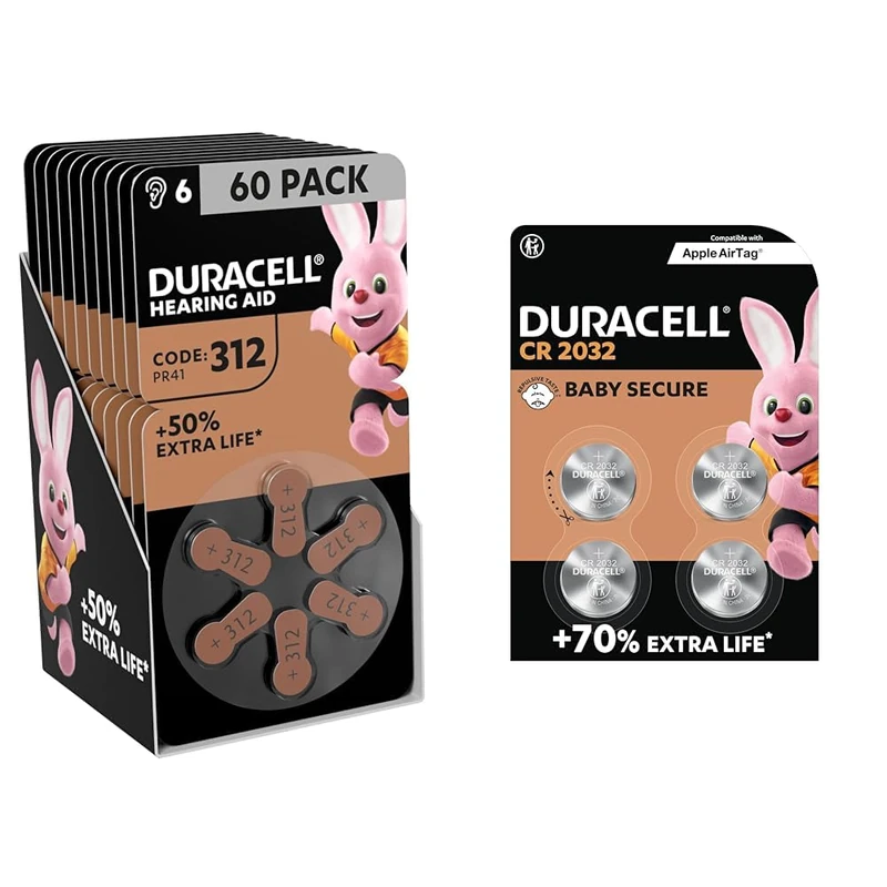 Duracell Hearing Aid Batteries Size 312, pack of 60 & CR2032 Lithium Coin Batteries 3V (4 Pack) - Up to 70% Extra Life* - Image 1