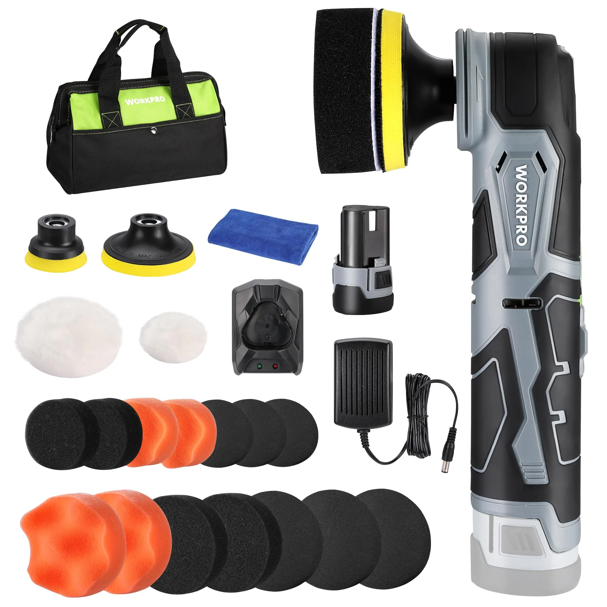 WORKPRO Cordless Car Polisher, 12V Mini Buffer Polisher Kit with 5 Variable Speed Up to 3000RPM, Mini Car Detailing Polisher for Detailed Polishing, Sanding and Waxing, Buffer & Sander Machine Kit