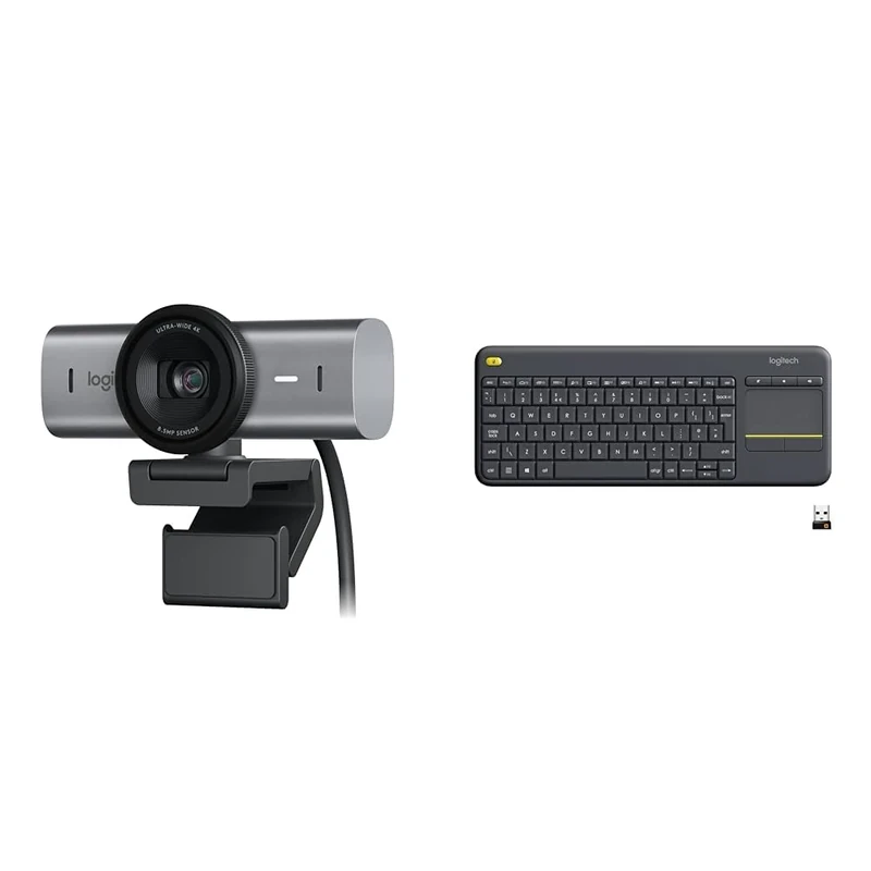 Logitech MX Brio Ultra HD 4K Collaboration and Streaming Webcam, 1080p at 60 FPS & K400 Plus Wireless Touch TV Keyboard With Easy Media Control and Built-in Touchpad