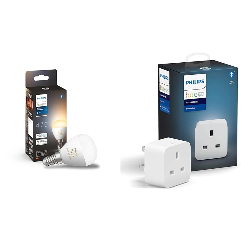 Philips Hue White Ambiance Luster Smart LED Light Bulb 1 Pack [E14 Edison Screw] & Smart Plug for Smart Home Automation. Works with Alexa, Google Assistant and Apple Homek