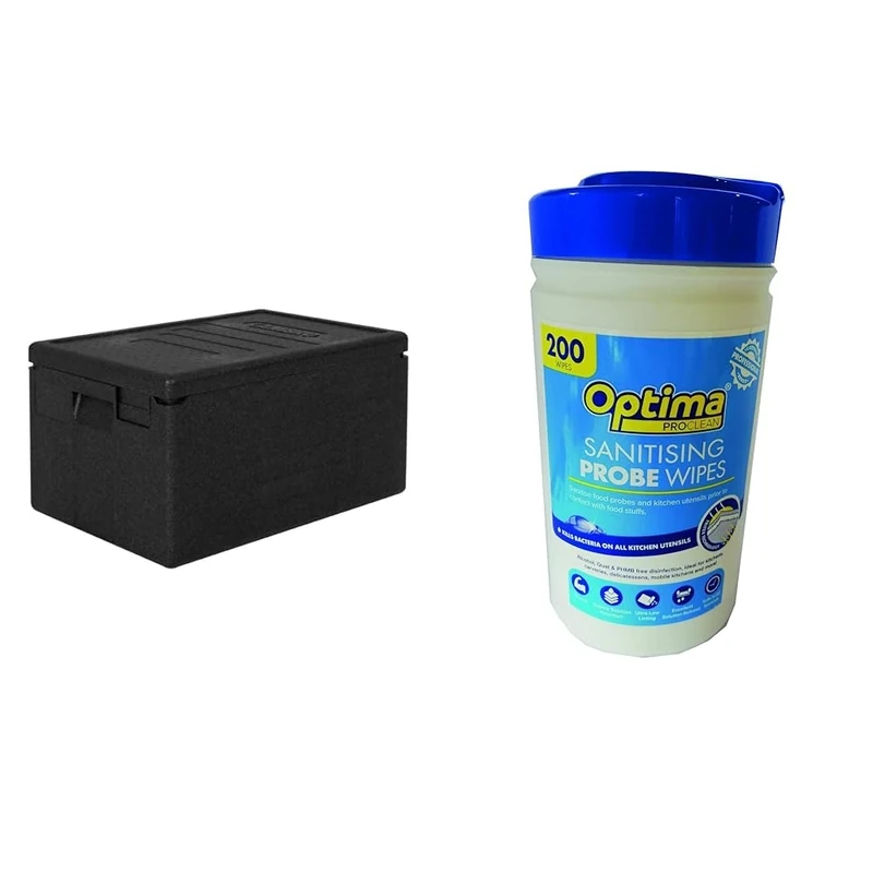 Cambro EPP Economic Cam GoBox Insulated Top Loading Food Pan Carrier - 46 litres, Stores 1 x 1/1 GN & Genware Optima Safe Probe Wipes, Fabric, Blue, Pack of 200