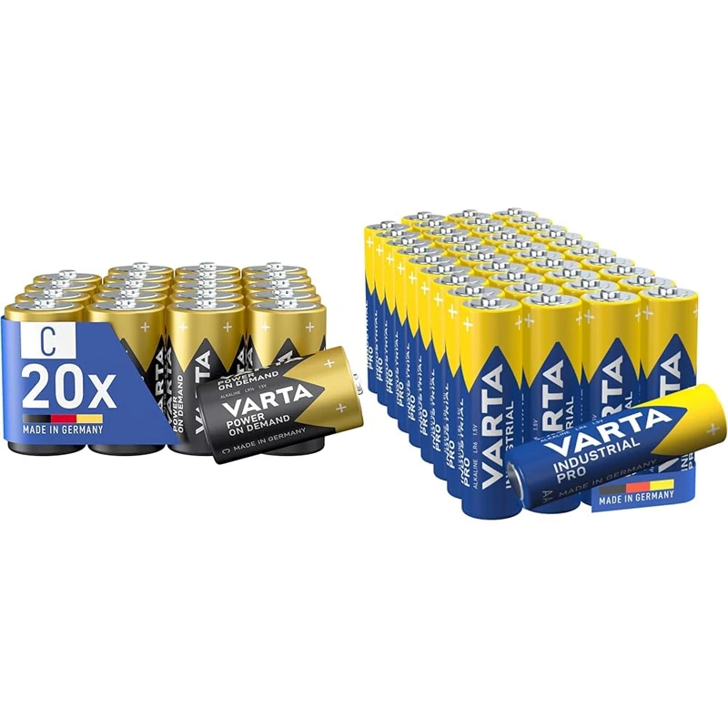 VARTA Power on Demand C Baby Batteries (20-pack, economy pack - smart, flexible and powerful & Industrial Pro AA Mignon alkaline batteries, LR6-40-pack, made in Germany