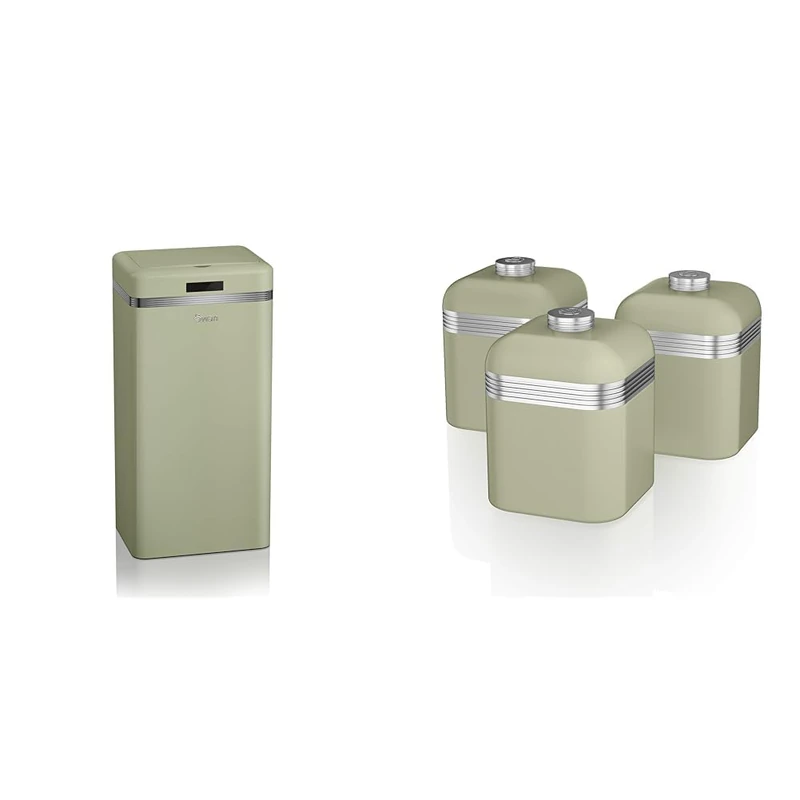 SWAN SWKA4500GN Retro Kitchen Bin with Infrared Technology, Square, 45 Litre, Green & SWKA1020GN Retro Set of 3 Canisters, 1 Litre, Green