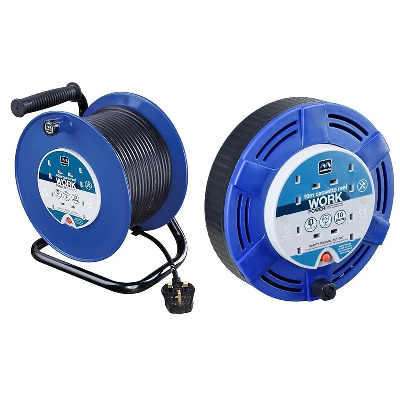 Masterplug Four Socket Open Cable Reel with Handle, 40 Metres, Blue & Four Socket Cassette Cable Reel, 10 Metres, Blue - Image 1