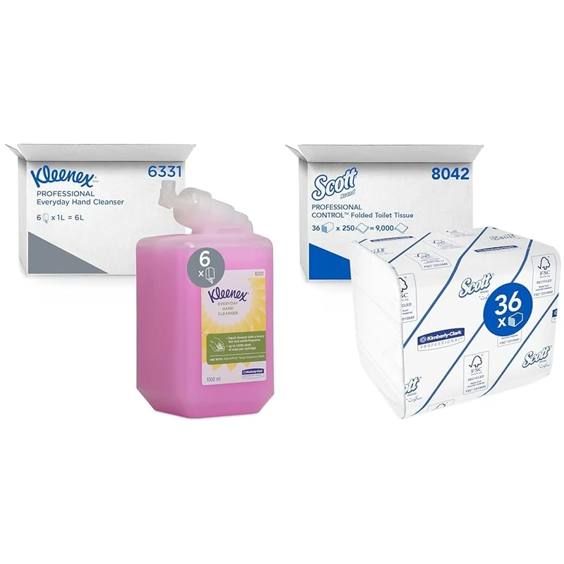 Kleenex Everyday Use Hand Soap 6331 - Pink Hand Wash - 6 x 1 Litre Hand Wash Refills (6 Litre total) & Scott Control Folded Toilet Tissue 8042-2 Ply Bulk Toilet Paper - 36 Packs x 250 Toilet Paper - Image 1