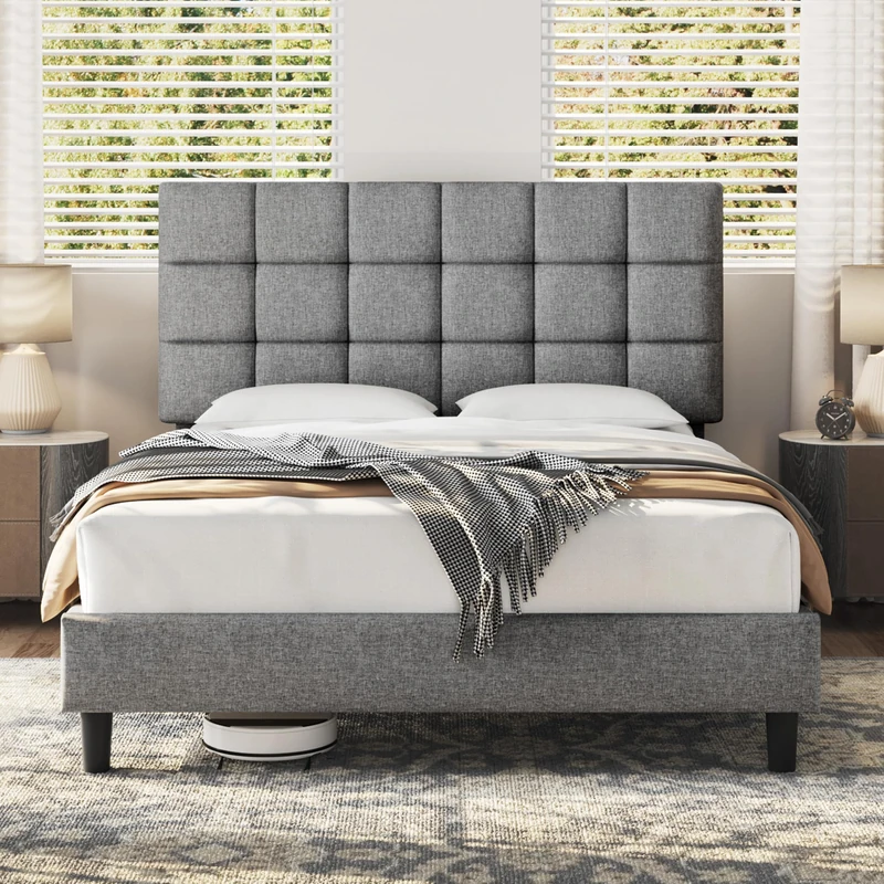 Yaheetech King Bed Frame Upholstered with Adjustable Square Tufted Headboard/Linen Fabric/Sturdy Wooden Slat Support/No Box Spring Needed, 5ft King Bed Light Grey