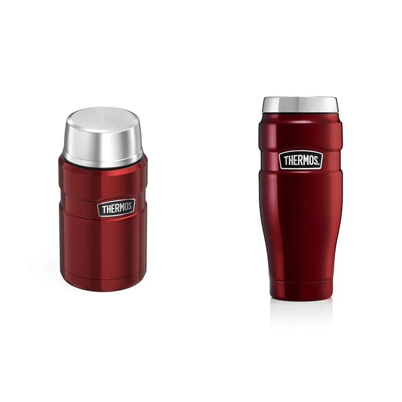 Thermos 101514 Stainless King Food Flask, Red, 710 ml & 101535 Stainless Steel King Travel Tumbler, Red, 470 ml, 1 Count (Pack of 1)