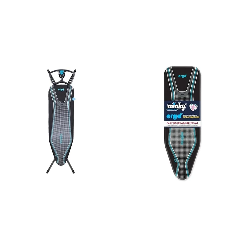 Minky HH40201117M Ergo Ironing Board, Blue, 122 x 38 cm & Ergo Extra Thick Elasticated Replacement Ironing Board Cover, Black, 122 x 38 cm