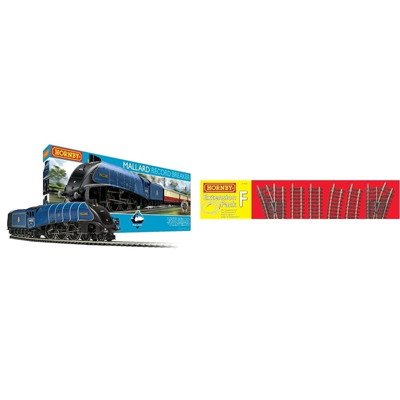 Hornby Train Set - R1282M Mallard Record Breaker & R8226 Track Extension Pack F - Blue, OO Gauge, Realistic Style, 8+
