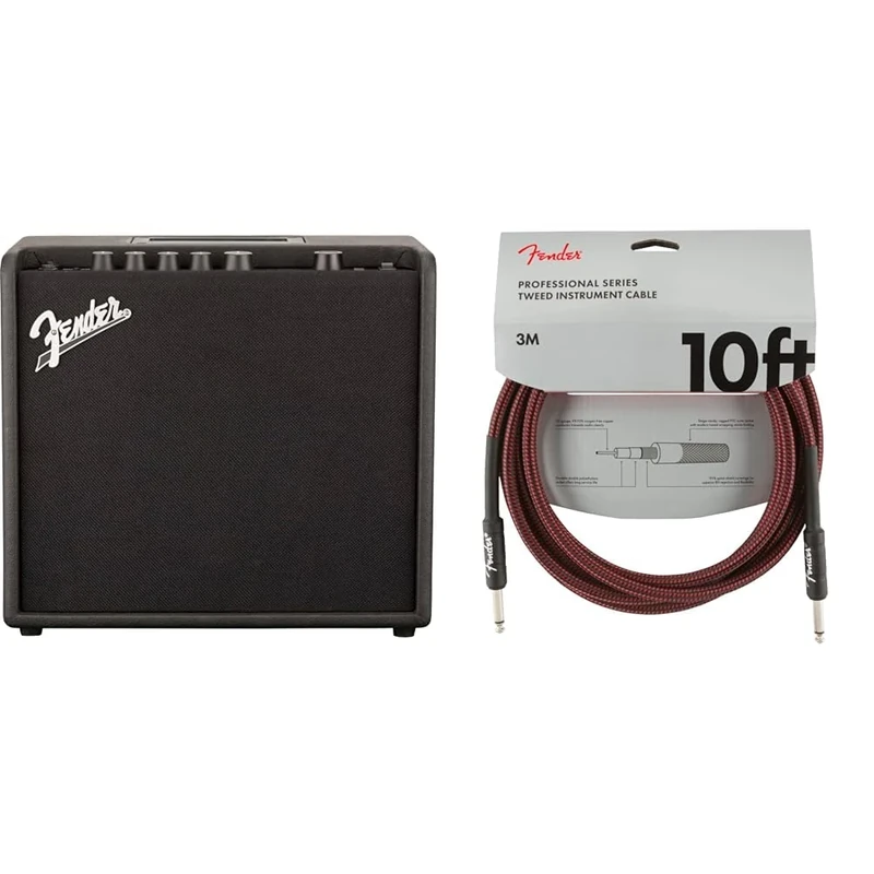 Fender Mustang LT 25, Combo Guitar Amp, 25W, Suitable For Electric Guitar, Black & 990820061 Professional Series Instrument Cable – 10 ft – STR/STR – Red Tweed