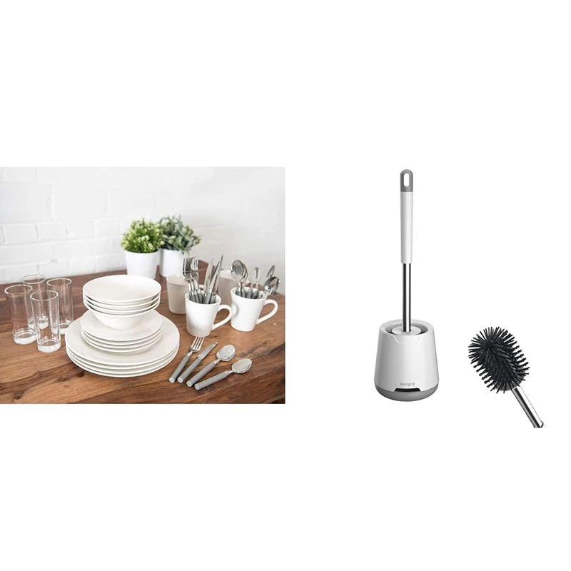 Sabichi 36pc Day to Day White Dinner Set - Microwave & Dishwasher Safe - Plates and Bowls Set for 4 & Ibergrif M34152 Silicone Toilet Brushes & Holders, Deep Cleaner, Toilet Brush - Image 1
