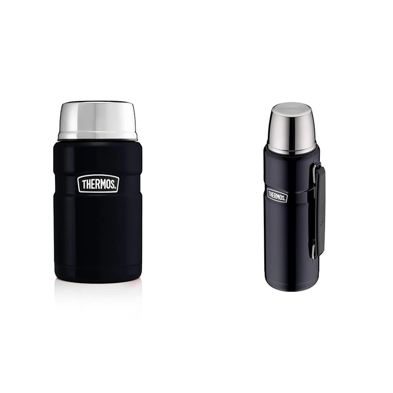Thermos Stainless King Food Flask, Midnight Blue, 0.71L, 101423 & Stainless King Flask, Glossy Black, 1.2 L, 33.6 x 11.99 x 33.6 cm, 183267