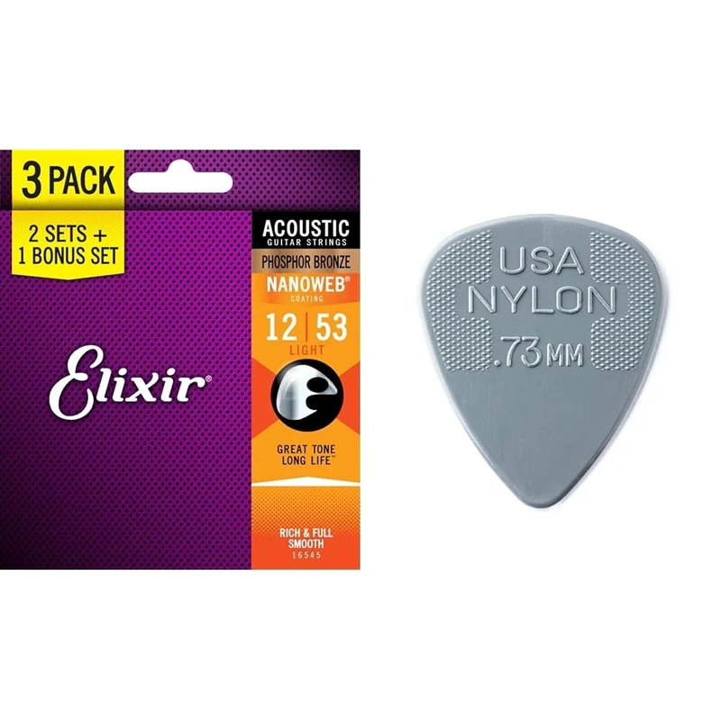 Elixir Strings 16545 Phosphor Bronze Acoustic Guitar Strings with Nanoweb Coating, Set of 3 Pieces & Jim Dunlop 44P.73 Nylon Standard Player PCS(12 PCS)