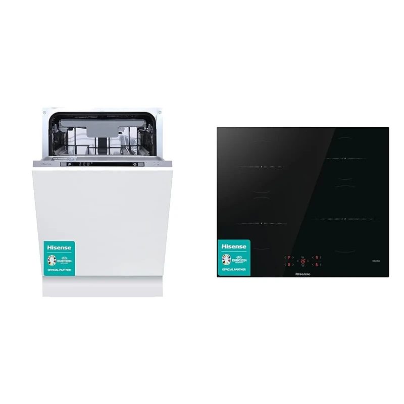 Hisense HV523E15UK 10 Places Slimline Fully Integrated Dishwasher White with 30 Minutes Quick Wash & HI6401BSC Built-in 60cm Induction Hob Ceramic Glass Panel, Child Lock, Touch control