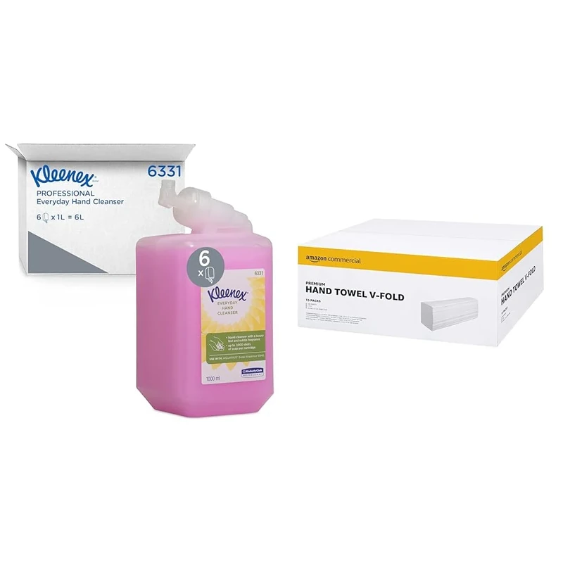 Kleenex Everyday Use Hand Soap 6331 - Pink Hand Wash - 6 x 1 Litre Hand Wash Refills (6 Litre total) & AmazonCommercial 417798 Interfold-Vfold Paper Hand Towels, 2 PLY - 266 Count (Pack of 15)