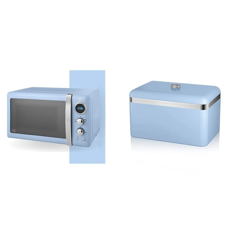 Swan SM22030LBLN Retro LED Digital Microwave with Glass Turntable, 5 Power levels & Defrost Setting, 20L, 800W, Blue & SWKA1010BLN Retro Bread Bin, Metal, 18 Litre, Blue