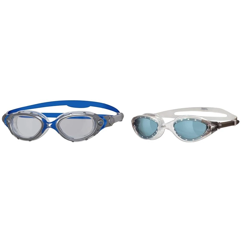 Zoggs Flex Swimming Goggles, 180 Degree Peripheral Vision - Blue/White & Adults Panorama Smoke Tinted Lenses Goggles with UV Protection - Clear
