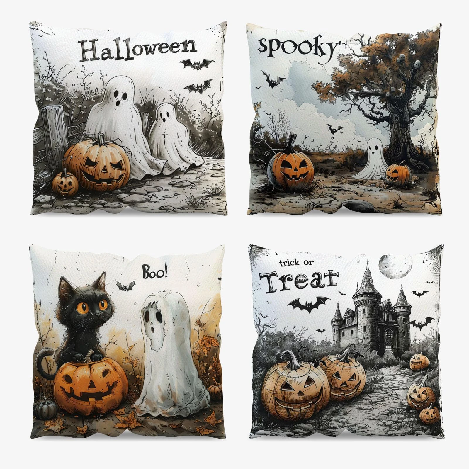AIBIIN 45x45cm Halloween Throw Pillow Covers Set of 4 Pumpkin Ghost Black Cat Bat Castle Trick or Treat Linen Cushion Covers for Home Couch Living Room Office Shop Decor