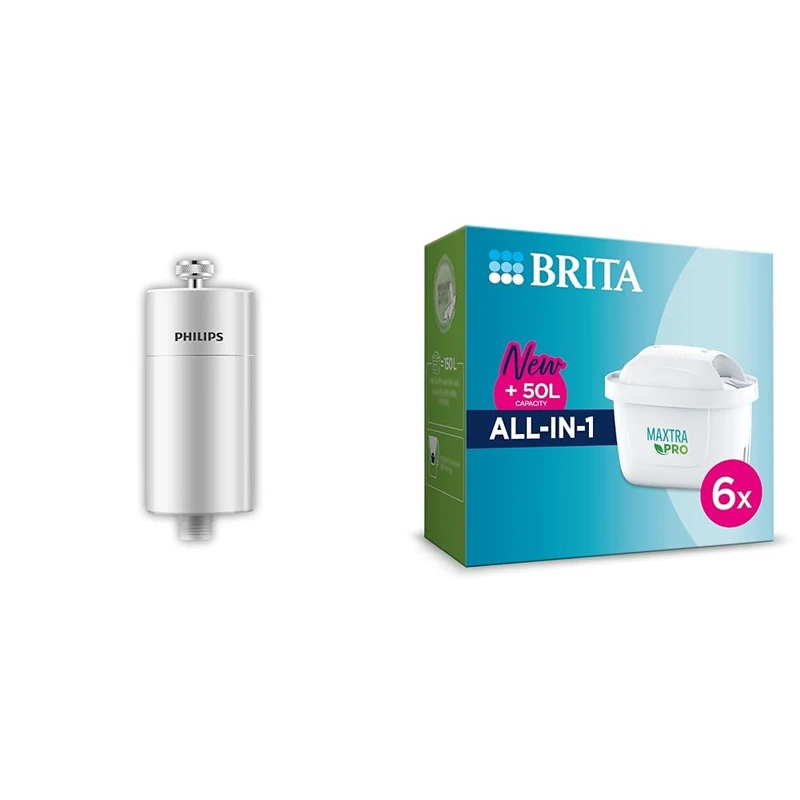 Philips Water - In-Line Shower Filter, Reduces Chlorine by up to 99%, Easy to Instal & BRITA MAXTRA PRO All-in-1 Water Filter Cartridge 6 Pack (NEW) - Original BRITA refill reducing