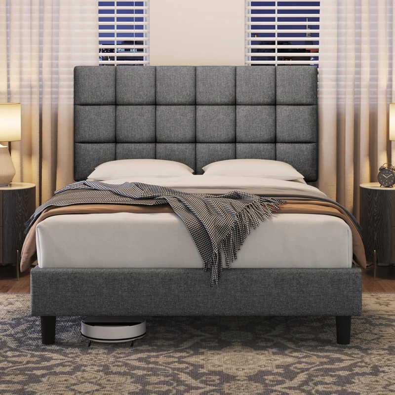 Yaheetech 4ft6 Double Bed Frame, Upholstered Headboard, Light Grey