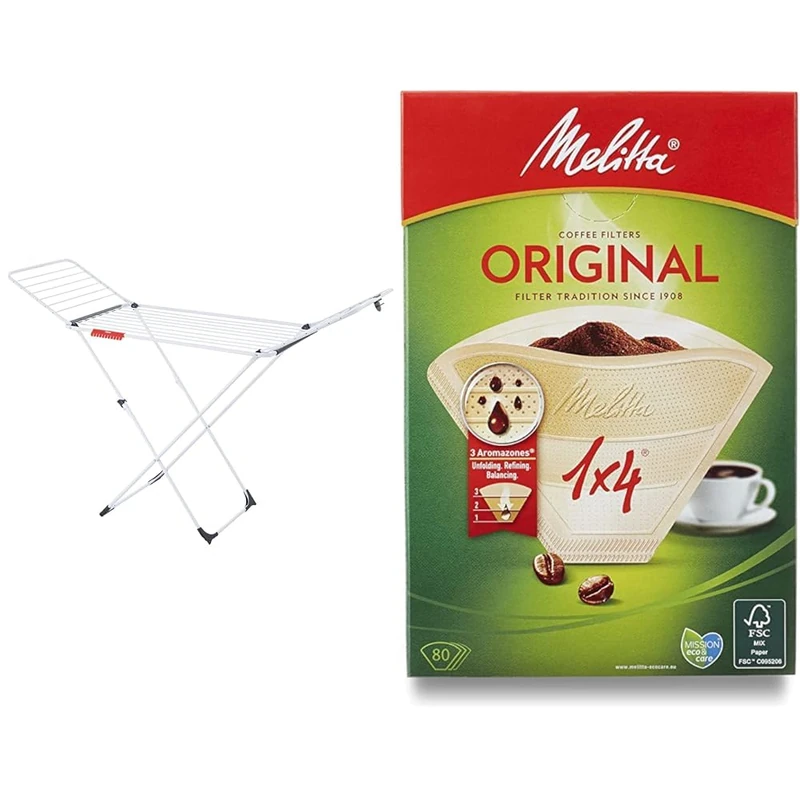 Vileda Extra X-Legs Clothes Airer, Indoor Clothes Drying Rack with 20m Washing Line, White & Melitta 6658076 Pack Original Size 1x4, 80, Filter Coffee Makers, Brown, Paper - Image 1