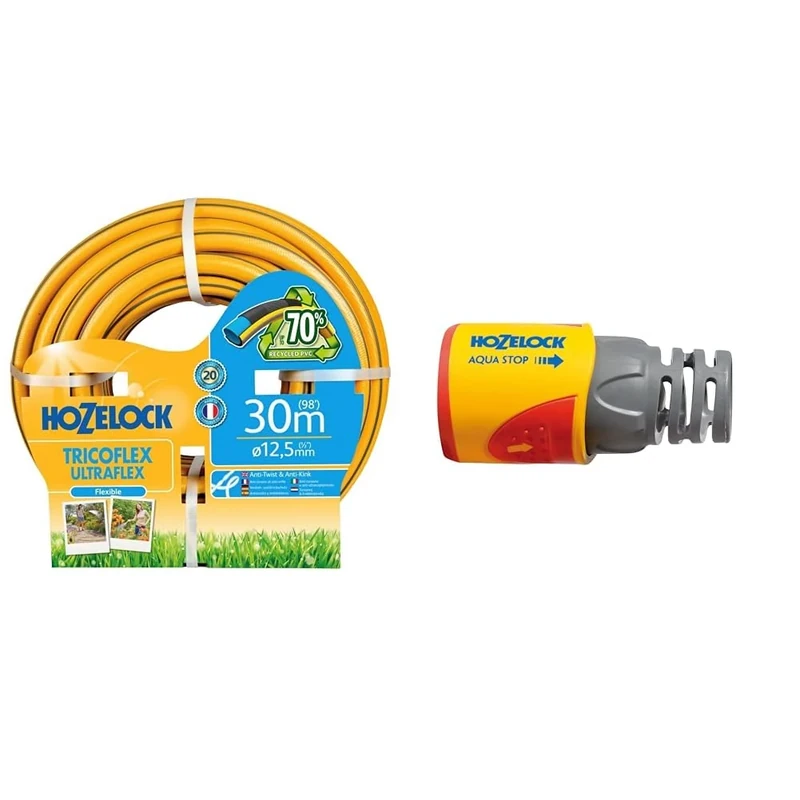 Hozelock Tricoflex Ultraflex Hose, Yellow, 12.5 mm x 30 m & HOZELOCK - Aquastop Hose Connector Plus ø 12.5mm - 15mm (1/2"- 5/8") Soft Touch: Aquastop