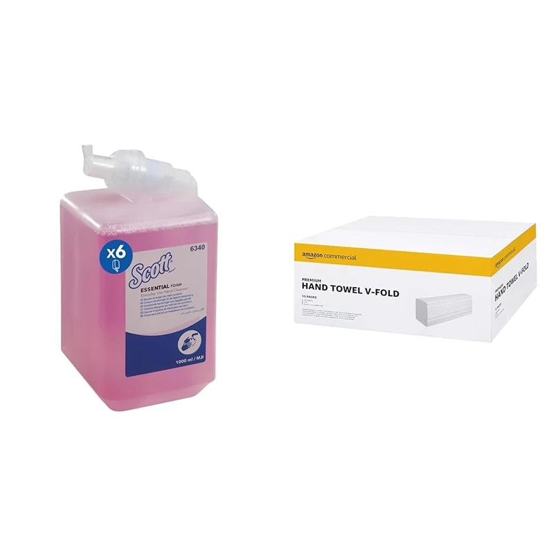 Scott Essential Foam Everyday Use Hand Wash 6340 - Scented Foaming Hand Soap - 1 Litre Pink Hand Was & AmazonCommercial 417798 Interfold-Vfold Paper Hand Towels, 2 PLY - 266 Count (Pack of 15)