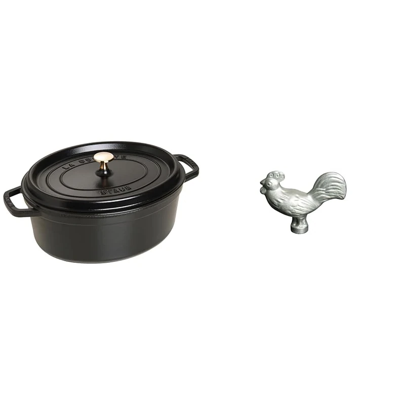 Staub Cast Iron Roaster/Cocotte, Oval 37 cm, 8 L, Black & 40509-346-0 Rooster Lid Knob, Cast Iron, Silver