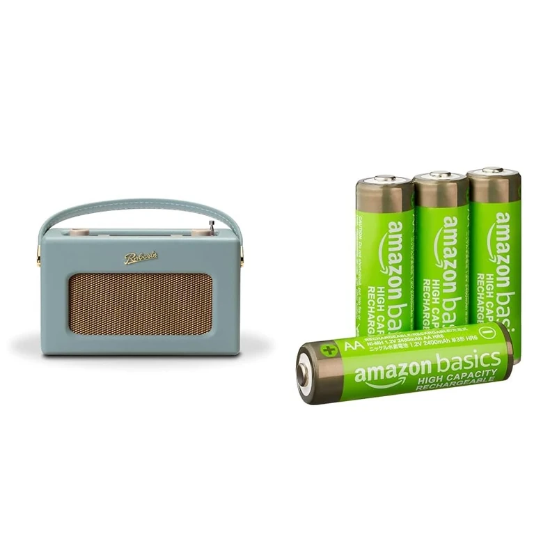 Roberts Revival RD70DE FM/DAB/DAB+ Digital Radio with Bluetooth - Duck Egg & Amazon Basics AA High-Capacity Rechargeable Batteries, NiMh, Pre-charged - 4 Pack (Appearance may vary)