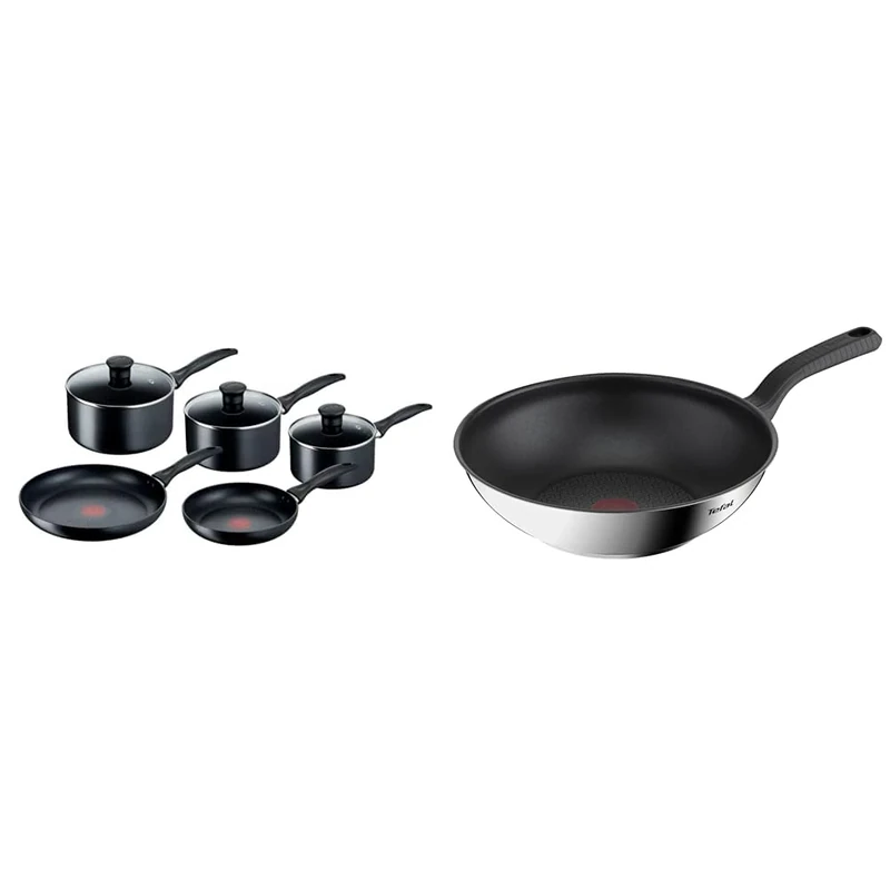 Tefal Induction Non-Stick Cookware Set, 5 Pcs - Black (G155S544) & 28cm Comfort Max Stainless Steel Non-Stick Wok, Silver