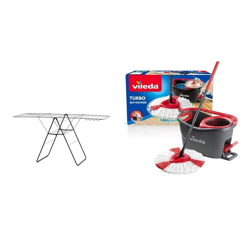 Brabantia HangOn Laundry Drying Rack (25m / Matt Black) Compact, Foldaway, Adjustable Indoor & Vileda Turbo Microfibre Mop and Bucket Set, Spin Mop for Cleaning Floors, Set of 1x Mop and 1x Bucke