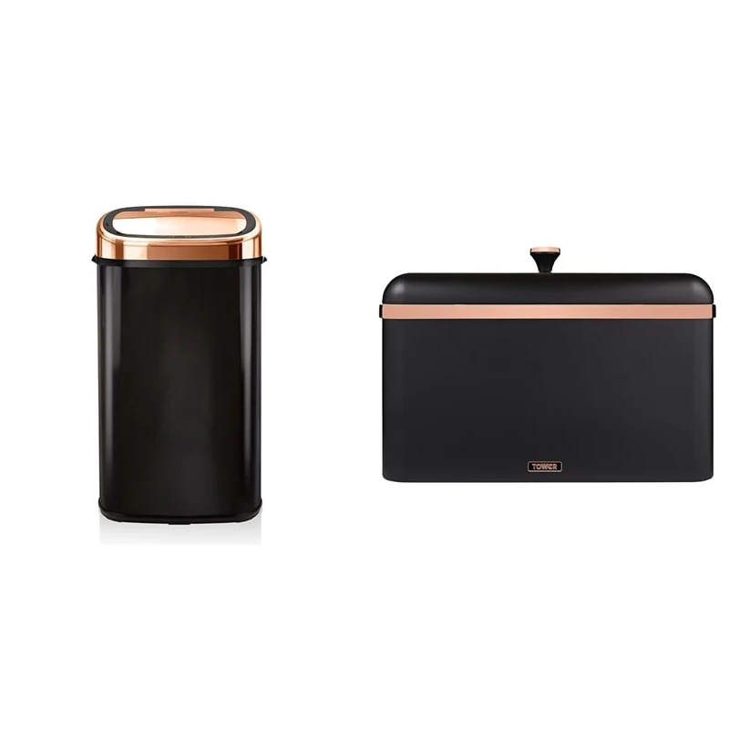 Tower T80904RB Kitchen Bin with Sensor Lid, Automatic Soft-Close, Manual Override, 58 Litre, Black & T826130BLK Cavaletto Bread Bin with Removable Lid, Large Capacity, Durable Steel Body, Black
