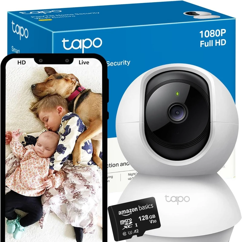 Tapo & Amazon Basic SD Card Bundle: Wifi Camera, Indoor Camera for Security, 1080p Pet Camera, Wireless 360° for Baby Monitor, sell with 128GB SD Card