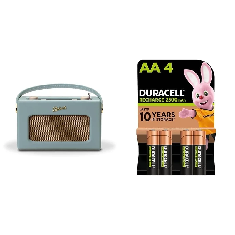 Roberts Revival RD70DE FM/DAB/DAB+ Digital Radio with Bluetooth - Duck Egg & Duracell Rechargeable AA Batteries (Pack of 4), 2500 mAh NiMH, pre-charged, Our No. 1 Longest Lasting Rechargable battery