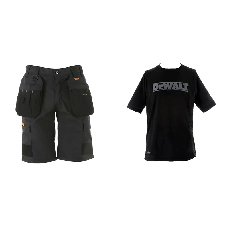 Cheverley DEWALT Lightweight Grey Polycotton Shorts Waist 38in & DeWALT Easton XL Easton Black PWS Performance T-Shirt, Size XL