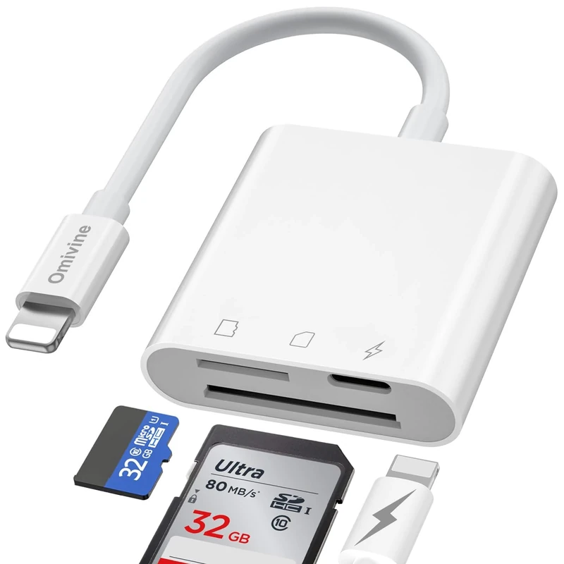 Omivine 3-IN-1 Lightning to SD Card Reader for iPhone, SD&TF Memory card reader for iPad, MicroSD Camera Card Adapter with Charging for Trail Game Camera, Drone, etc. Charging&Reading Simultaneously