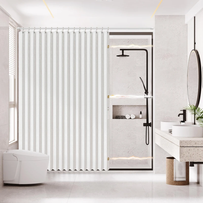 AJAZZ, Magnetic Folding Shower Curtains, Fabric Polyester Material, Shower Curtain Hook, Waterproof Shower Curtain, Suitable for Family, Hotel, Homestay，(White,77" W x 72" L) 1 Panel