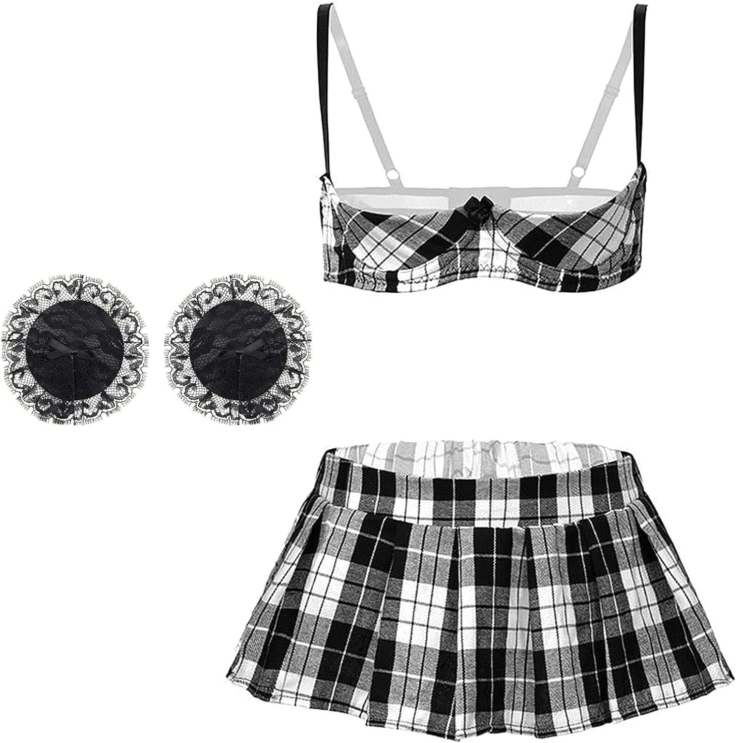 mini kitty Lingerie Set for Women Strappy Adjustable Half Cup Naughty Bra and Panties Set with Nipple Covers Suspender and Garter Belt Nightwear Nightdress for Cosplay Honeymoon