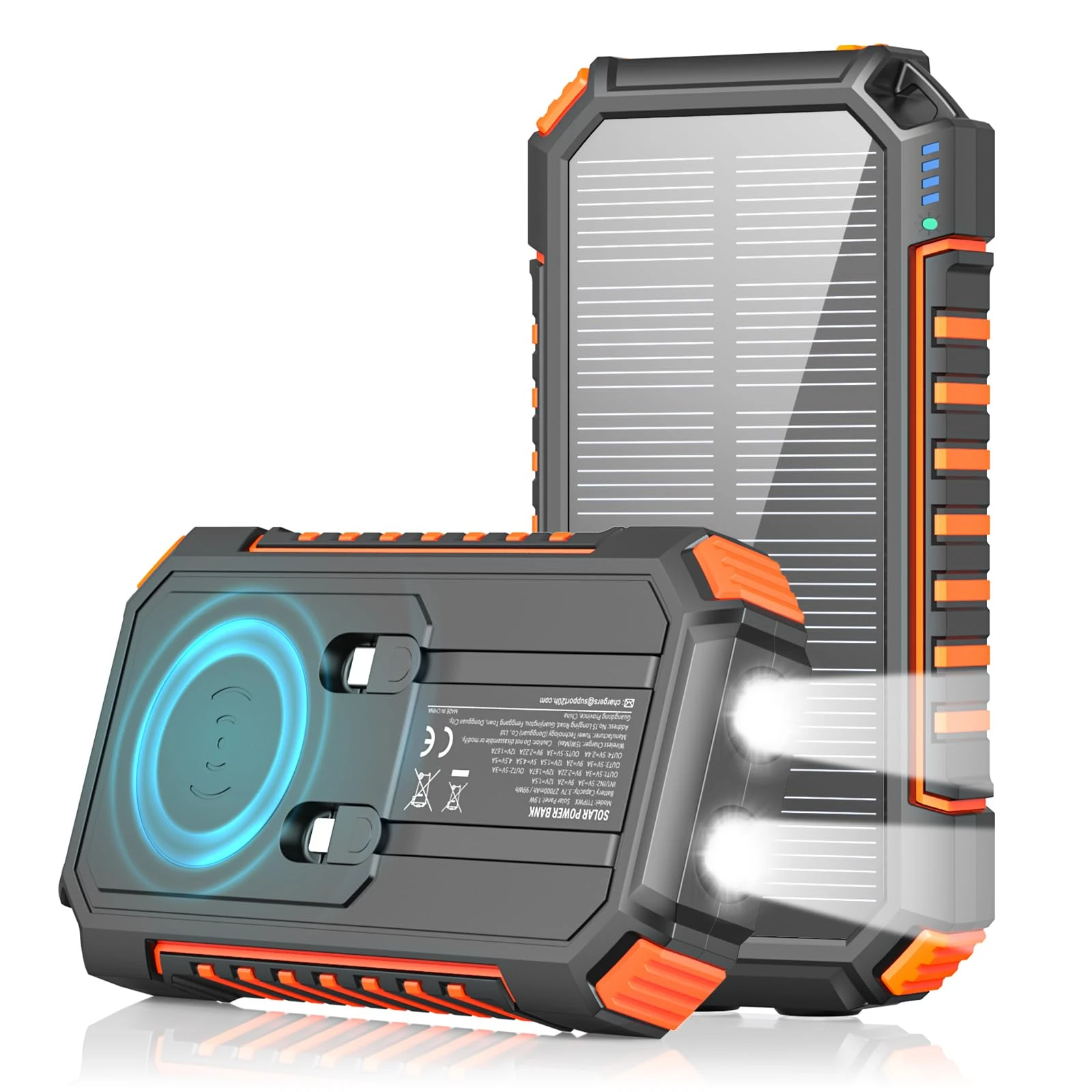 Solar Charger Power Bank 27000mah - Riapow 22.5W Wireless Portable Charger with Built-in 2 Cables, USB C PD QC 3.0 Fast Charging Output, Dual Flashlights Battery Pack for Phone Tablet Camping