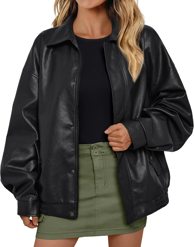AUTOMET Women's Oversized Leather Jackets Faux Suede 2024 Fall Zip Up Motorcycle Coats Blazer Jackets for Women Outfits, Black, Large