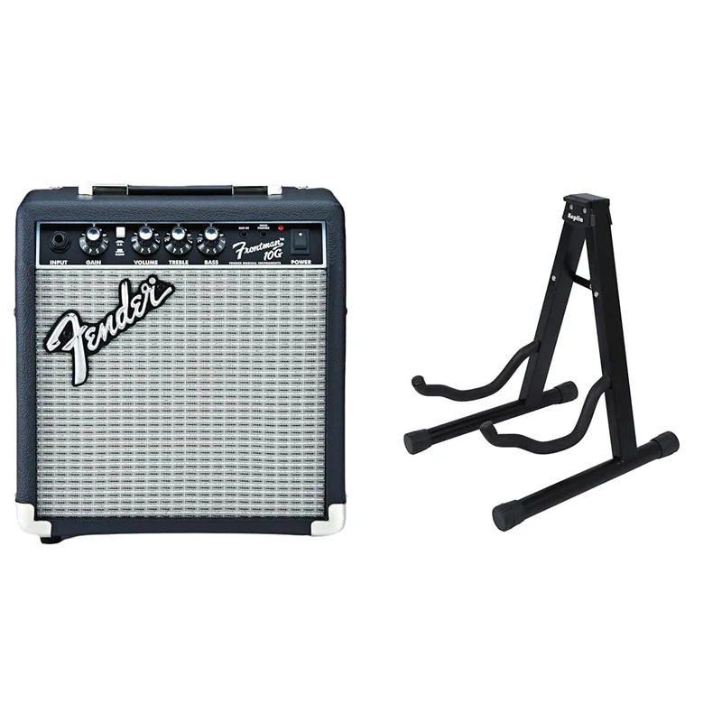 Fender Frontman 10G Combo Amp, 10W Small Practice Amplifier for Electric Guitar, Black & KEPLIN A Frame Foldable Universal Stand for All Guitars, Acoustic, Electric, Bass